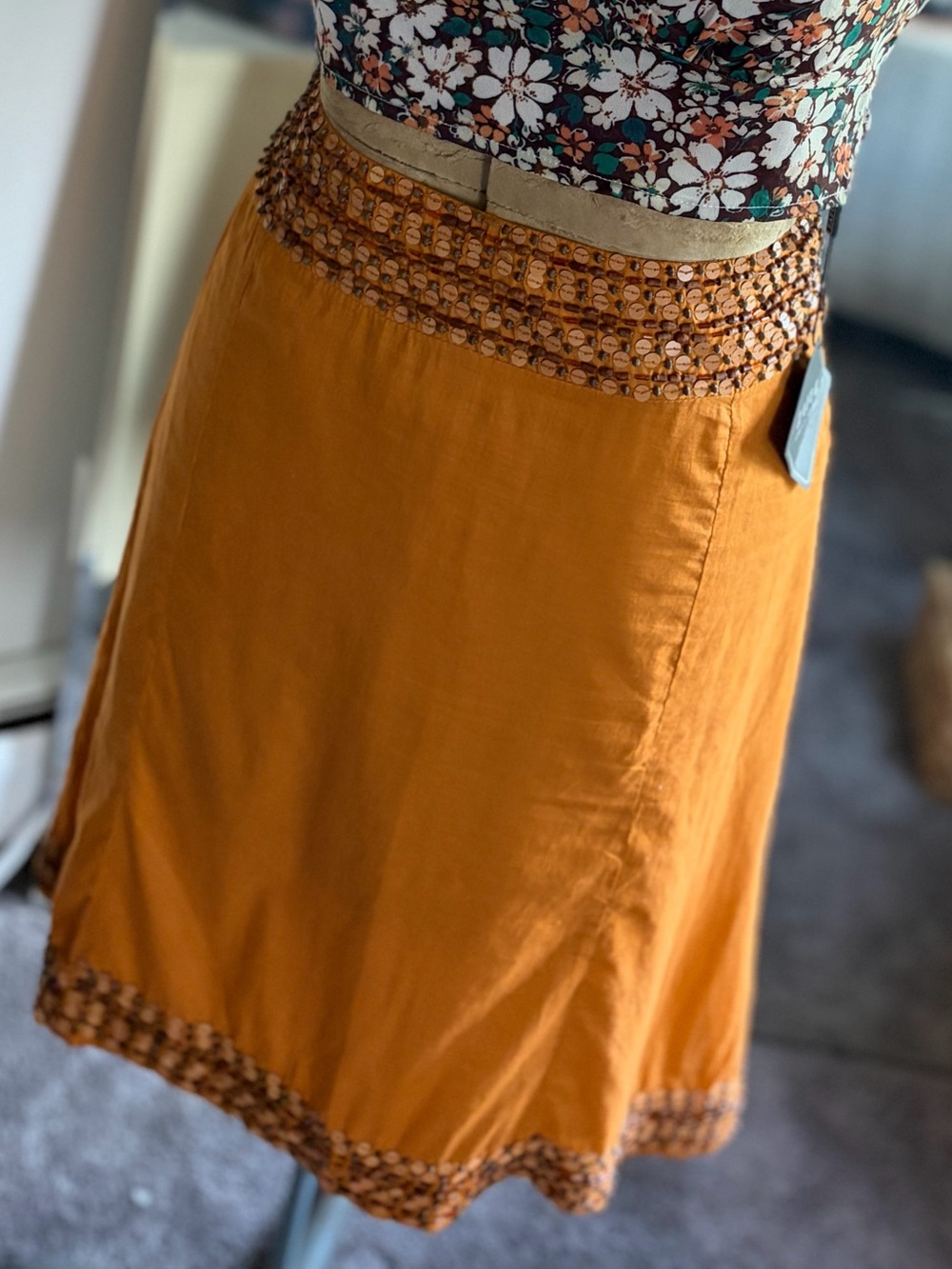 Tracy Reese Vintage 90s 100% Cotton Beaded Trim A-Line Skirt Made in India